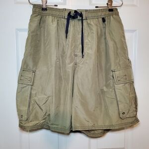 Speedo Vintage Beige Black Accent Swim Trunks Mesh Lined Size Large Cargo